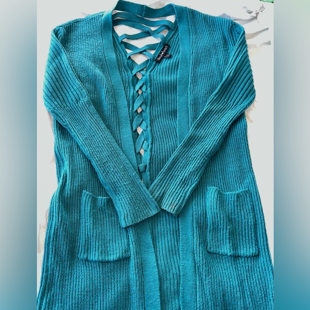 Long cardigan sweater with braided design back
